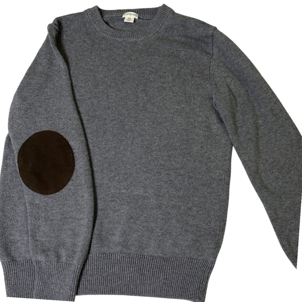 Crewcuts Sweater Boy/Girl 12 Gray Elbow Patches Cotton/Merino Wool Crewneck Prep